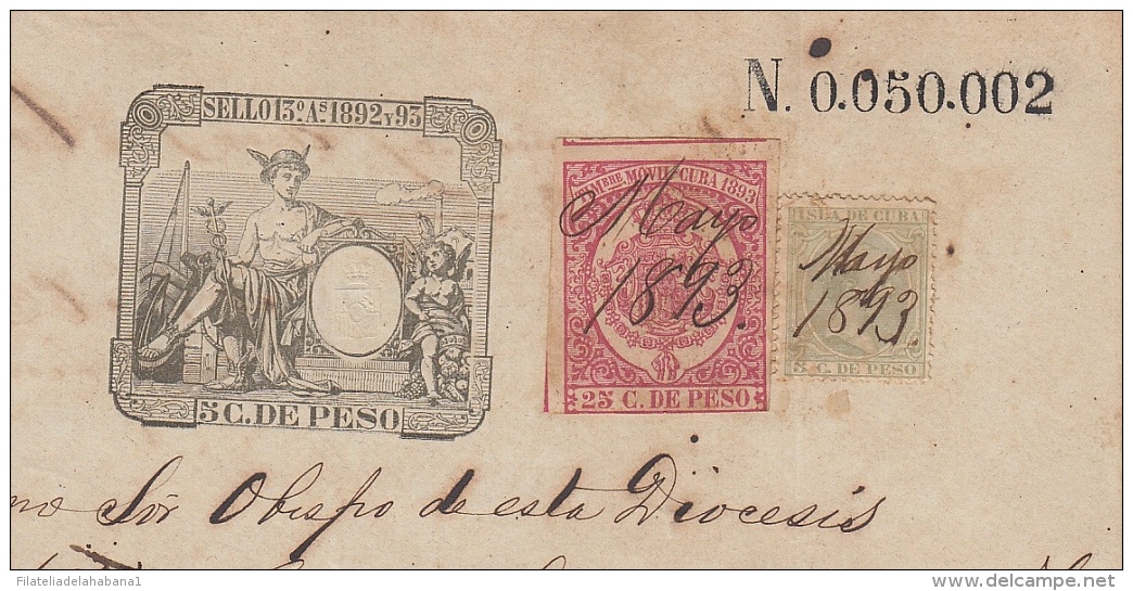 1892-PS-8 CUBA ESPAÑA SPAIN. 1892. ALFONSO XIII REVENUE SEALLED PAPER. SELLO 13 + TIMBRE MOVIL + POSTAGE REVENUE USE. - Segnatasse