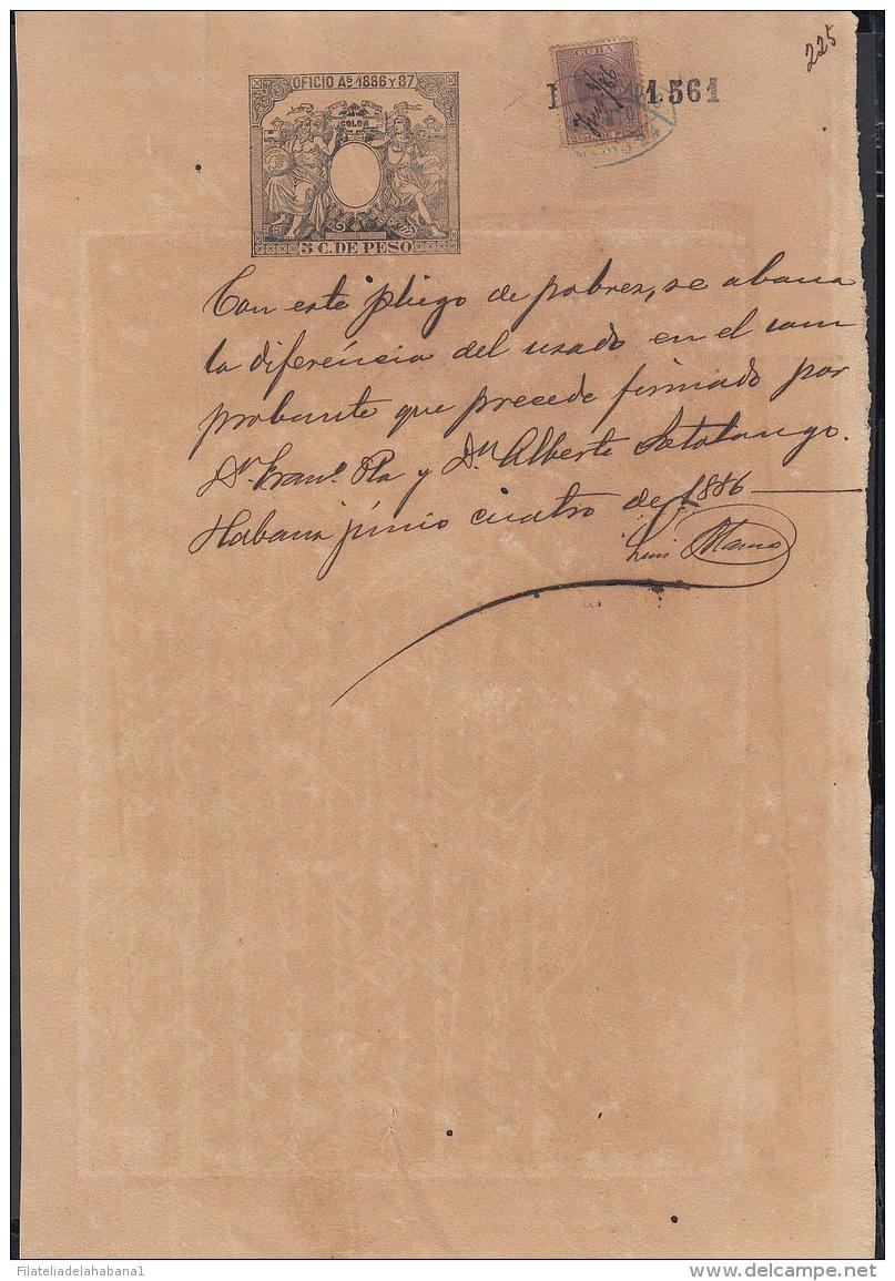 1886-PS-8 CUBA ESPAÑA SPAIN. 1886. ALFONSO XIII REVENUE SEALLED PAPER. OFICIO + POSTAGE REVENUE USE. - Strafport