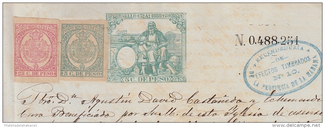 1888-PS-12 CUBA ESPAÑA SPAIN. 1888. ALFONSO XIII REVENUE SEALLED PAPER. SELLO 13 + TIMBRE MOVIL. - Timbres-taxe