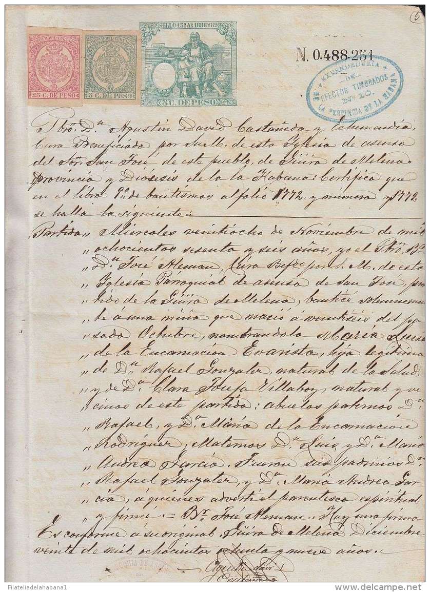 1888-PS-12 CUBA ESPAÑA SPAIN. 1888. ALFONSO XIII REVENUE SEALLED PAPER. SELLO 13 + TIMBRE MOVIL. - Strafport