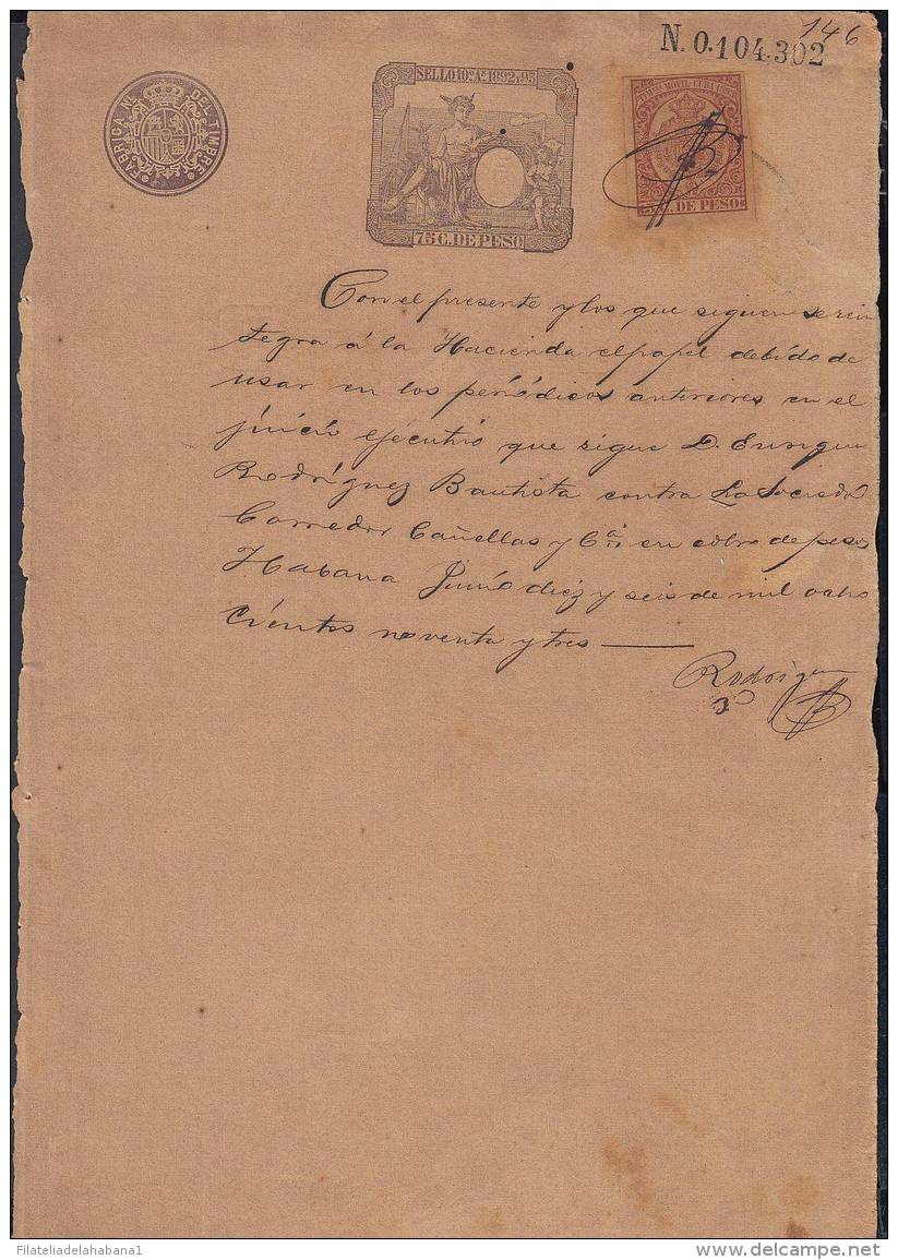 1892-PS-5 CUBA ESPAÑA SPAIN. 1892. ALFONSO XIII REVENUE SEALLED PAPER. SELLO 10 + TIMBRE MOVIL. - Timbres-taxe