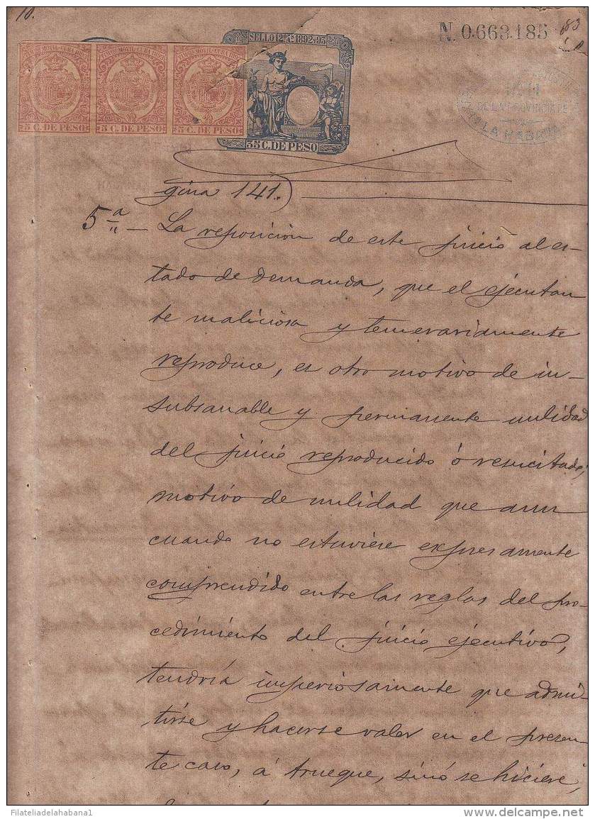 1892-PS-7 CUBA ESPAÑA SPAIN. 1892. ALFONSO XIII REVENUE SEALLED PAPER. SELLO 12 + TIMBRE MOVIL. - Portomarken