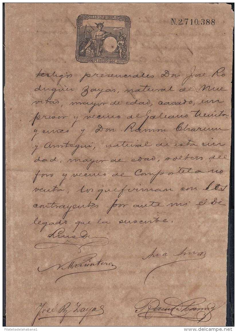 1892-PS-10 CUBA ESPAÑA SPAIN. 1892. ALFONSO XIII REVENUE SEALLED PAPER. SELLO 14. - Portomarken