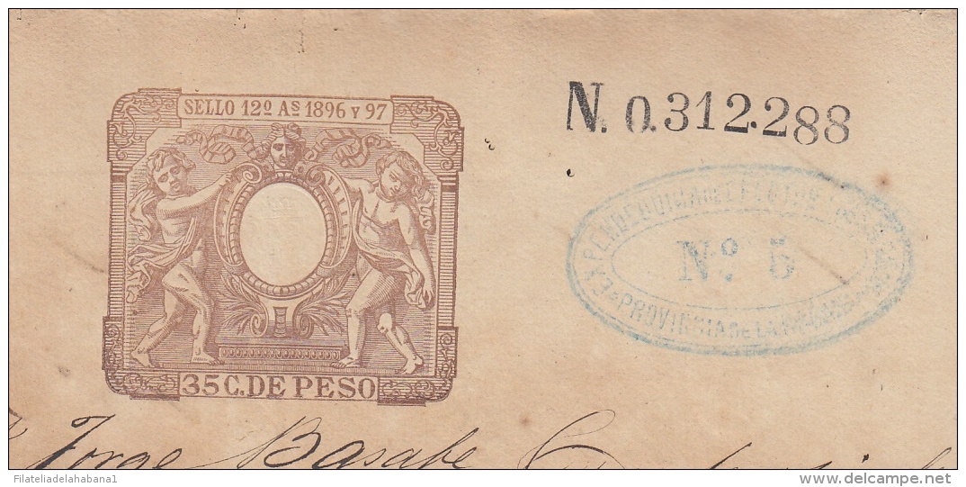 1896-PS-5 CUBA ESPAÑA SPAIN. 1896. ALFONSO XIII REVENUE SEALLED PAPER. SELLO 12. - Portomarken