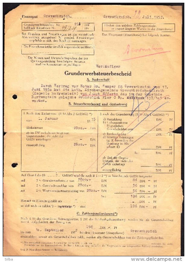 Germany Grevenbroich 1952 / Tax / Steuer, Steuerbeleg / Grunderwerbsteuerbescheid / Dusseldorf Oberfinanzdirektion - 1950 - ...
