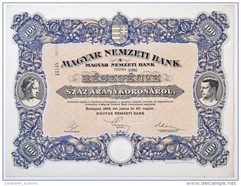 Budapest 1924. 'Magyar Nemzeti Bank' Részvény 100K-ról, Szelvények Nélkül,... - Non Classés