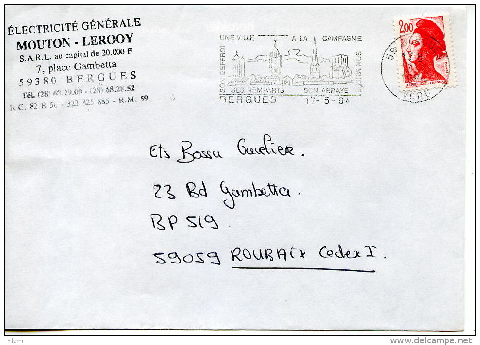 Flamme Abbaye,rampart,beffroi 59 Bergues,Nord,Elec Générale Mouton-Lerooy,Liberté Gandon 2.00 Seul Sur Lettre 17.5.1984 - Abbayes & Monastères