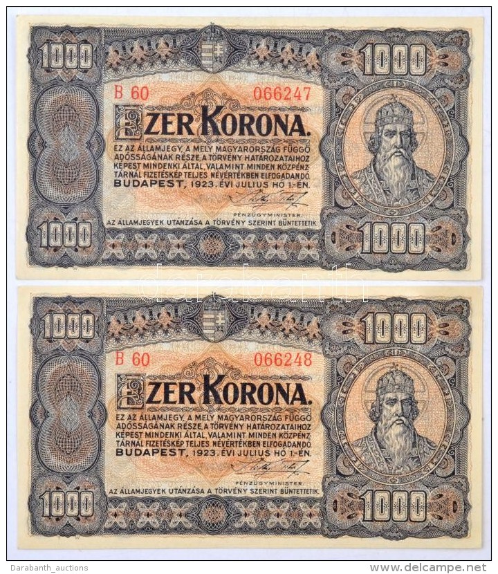 1923. 1000K (2x) SorszámkövetÅ‘k, 'T.W.' Jelöléssel T:I / Hungary 1923. 1000 Korona (2x)... - Sin Clasificación