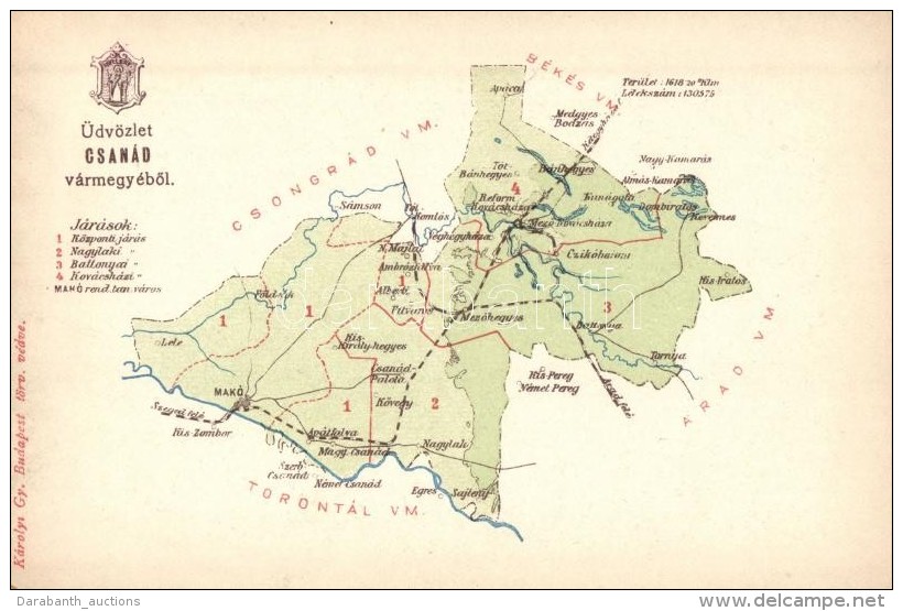 ** T1 Csanád Vármegye Térképe, Kiadja Károlyi Gy. / Map Of Csanád County - Sin Clasificación