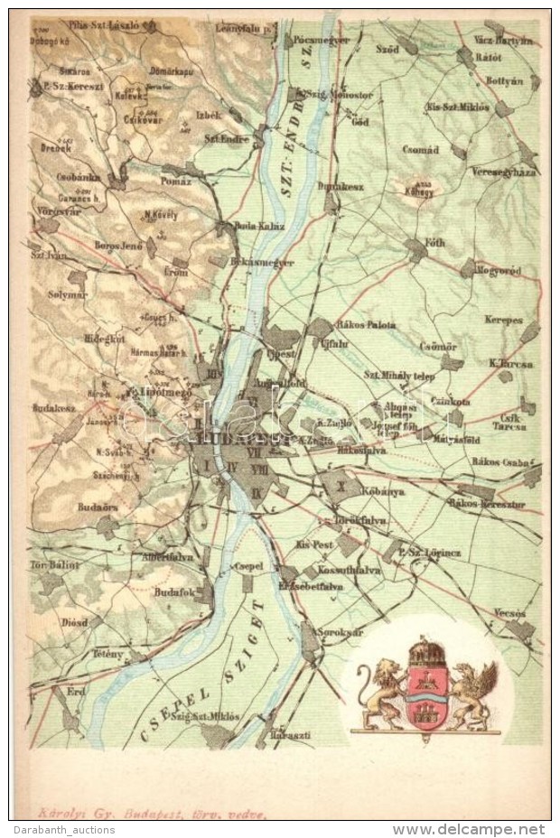 ** T1 Budapest Térképe Címerrel, Károlyi Gy. / Map Of Budapest With Coat Of Arms - Sin Clasificación