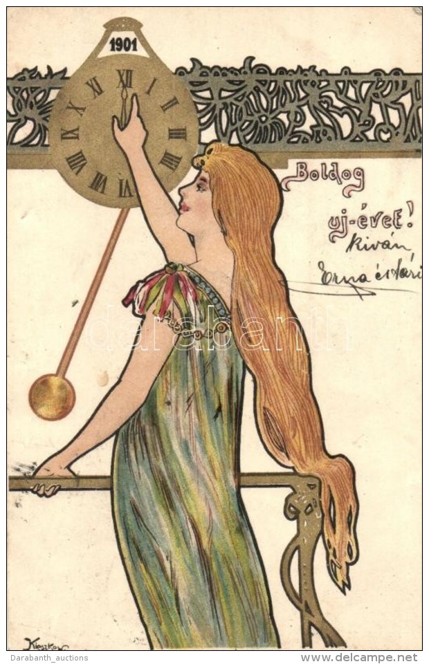 T2 1901 Boldog Újévet! / Art Nouveau Golden Litho Art Postcard S: Kieszkow - Sin Clasificación