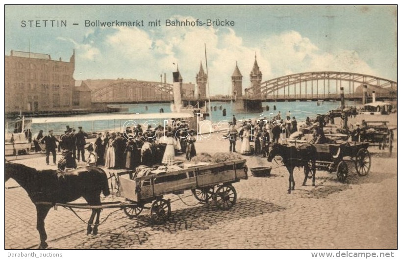 * T1/T2 Szczecin, Stettin; Bollwerkmarkt Mit Bahnhofs-Brücke / Quay Market, Railway Bridge, Horse Carriages - Sin Clasificación