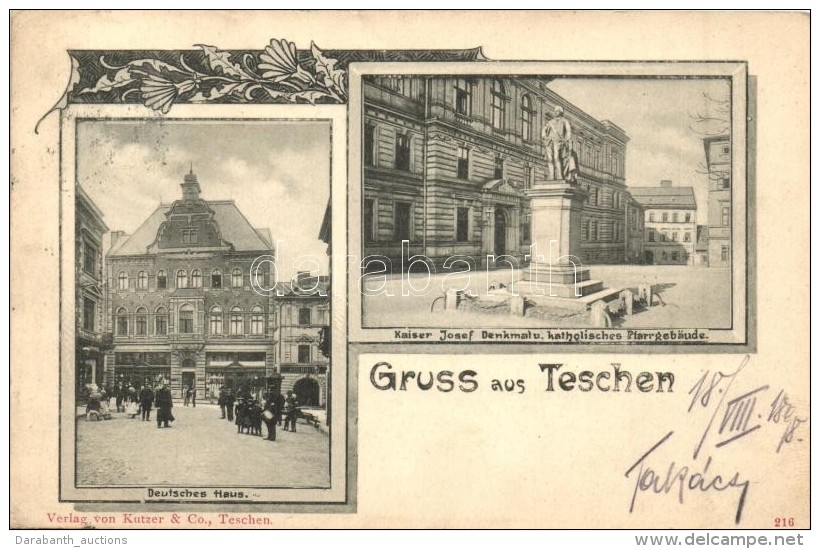 T2/T3 1898 Cieszyn, Teschen; Deutsches Haus, Kaiser Josef Denkmal, Katolisches Pfarrgebäude / German House,... - Sin Clasificación