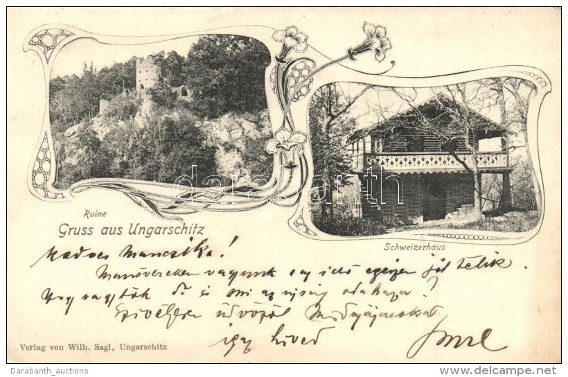 * T2 Uhercice, Ungarschitz; Ruine, Schweizerhaus. Verlag Von Wilh. Sagl / Castle Ruins, Villa, Art Nouveau - Non Classés