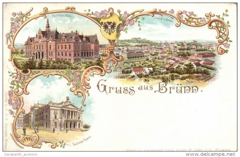 ** T2 Brno, Brünn; Deutsches Haus Und Theater / German House And Theatre, Floral, Art Nouveau Litho - Sin Clasificación