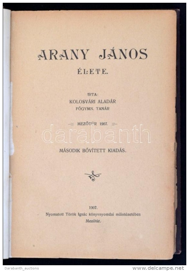 Kolosvári Aladár: Arany János élete. MezÅ‘túr, 1907, Török... - Sin Clasificación