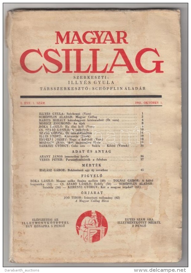 Magyar Csillag. Szerkeszti Illyés Gyula. I. évf. 1. Szám., 1941. Október 1., 64 P.... - Sin Clasificación