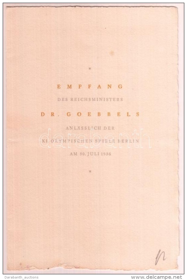 1936 A Berlini Olimpia Megnyitó Díszvacsorája, Goebbels Miniszer... - Sin Clasificación
