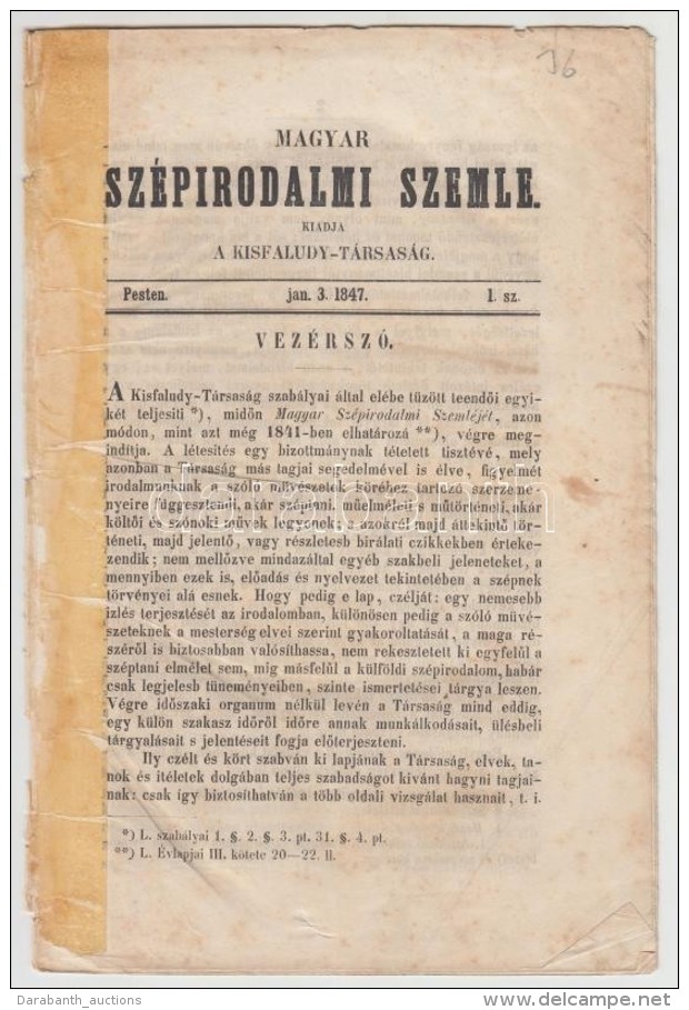 1847 Magyar Szépirodalmi Szemle. I. évfolyam, 1. Szám. Szerk.: Erdélyi János.... - Sin Clasificación