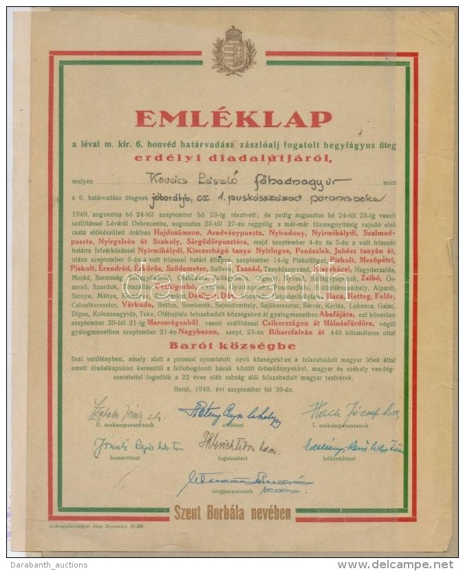 1940 Emléklap A Lévai M. Kir. 6. Honvéd Határvadász Zászlóalj... - Other & Unclassified