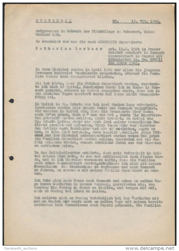 1945 Eredeti, Korabeli JegyzÅ‘könyv Másolat Melyet Felvettek Bukarestben A Joint Házában... - Otros & Sin Clasificación