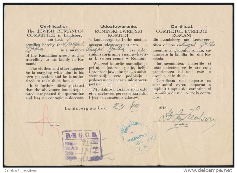 1945 Landsberg Am Lechben A Zsidó Román Bizottság által Kiállított,... - Otros & Sin Clasificación