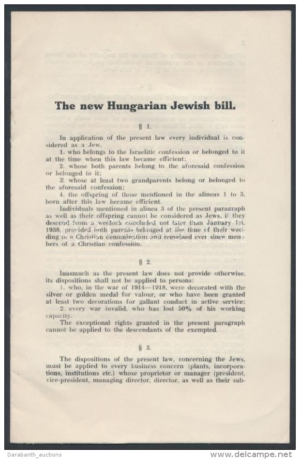 The New Hungarian Jewish Bill. Bp., é.n. (cca 1942), Pester Lloyd, 6 P. Papírkötés, Angol... - Otros & Sin Clasificación