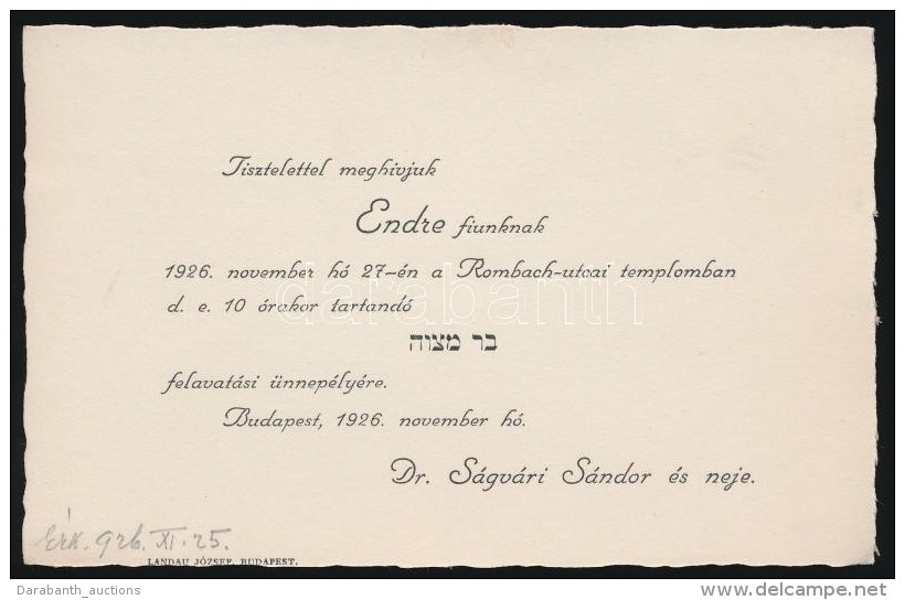 1926 Meghívó Ságvári Endre (1913-1944) Bar Micvójára /

1926 Invitation... - Otros & Sin Clasificación