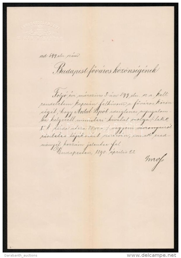 1890 Baross Gábor (1848-1892) Kereskedelemügyi Miniszter Saját KezÅ±leg Aláírt... - Otros & Sin Clasificación