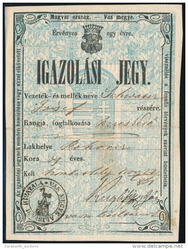 1861 Vas Megye KétnyelvÅ± Igazolvány Rohonci KereskedÅ‘ Részére . / Identification Card... - Sin Clasificación