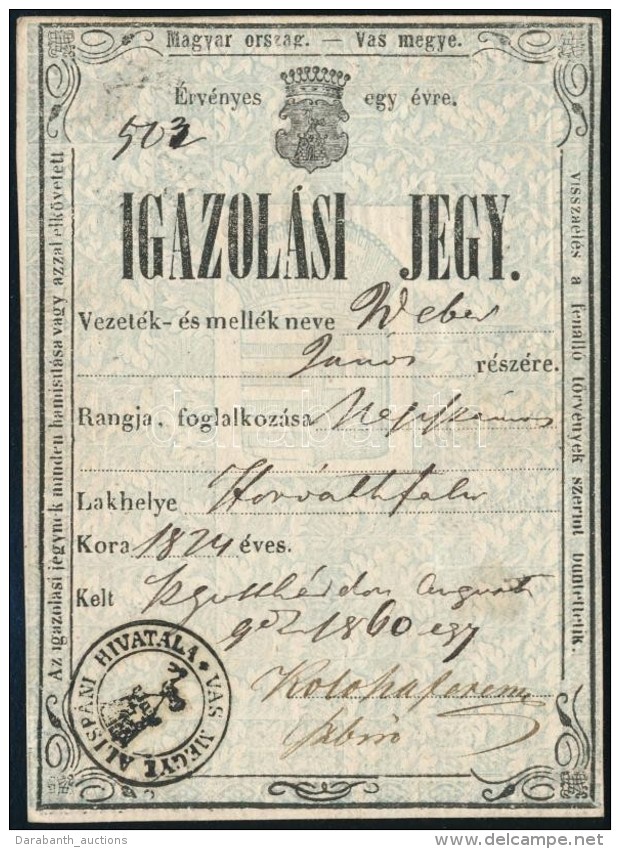 1860 Vas Megye KétnyelvÅ± Igazolvány. / Identification Card - Sin Clasificación