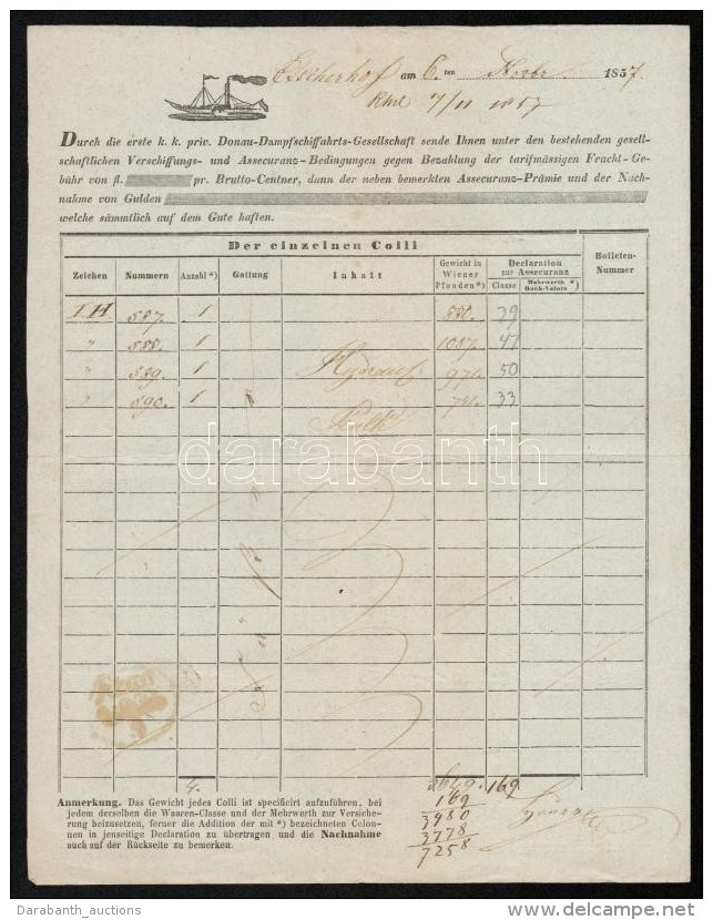 1857 DDSG Hajózási Fuvarlevél / Waybill / Frachtbrief - Sin Clasificación