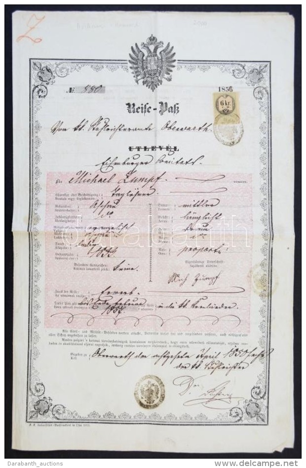 1856 Útlevél 6 Kr CM Okmánybélyeggel  Hamvasdi IlletÅ‘ Részére / Passport... - Sin Clasificación