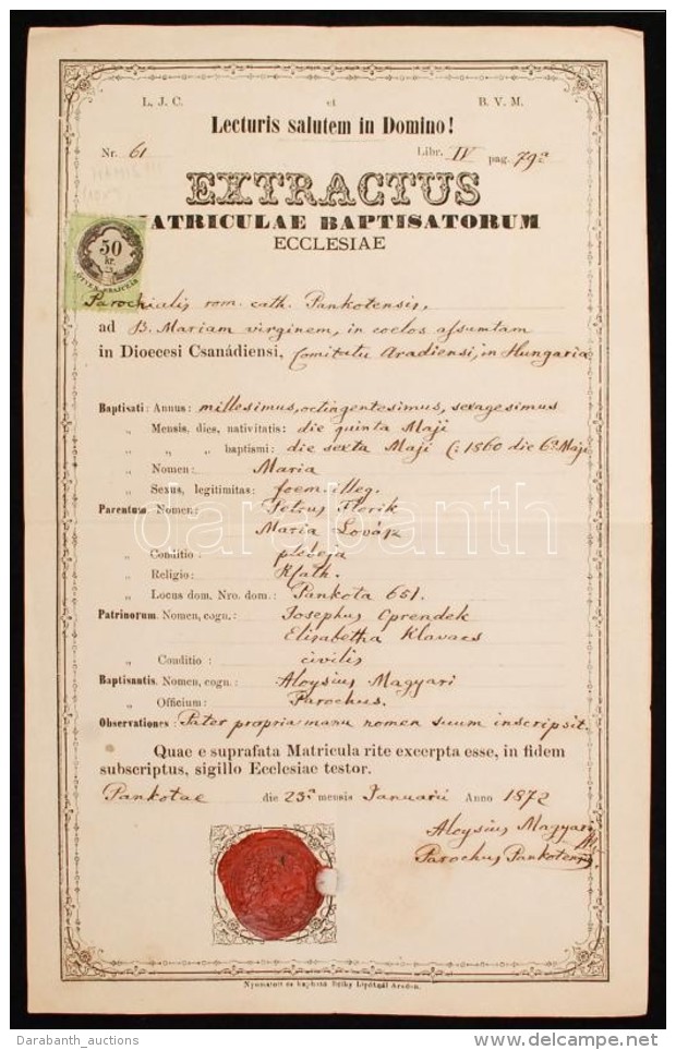 1872 Hamis 50kr Okmánybélyeg Teljes Okmányon / 1872 Forged 50kr Document Stamp On Document. - Sin Clasificación