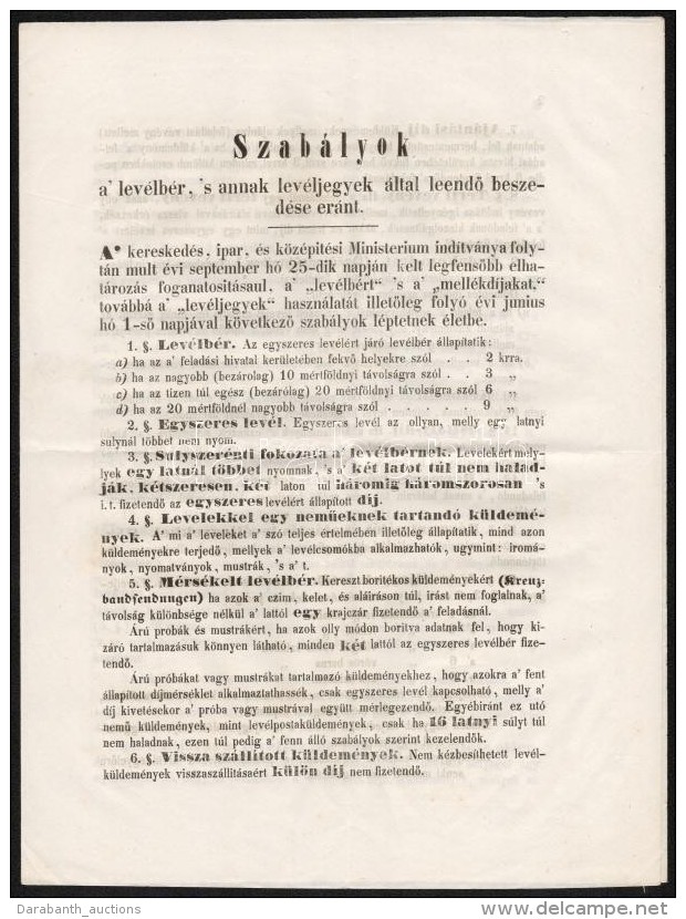 1850 A Bélyeg Bevezetésére Vonatkozó Szabályok Eredeti Hírdetmény... - Otros & Sin Clasificación