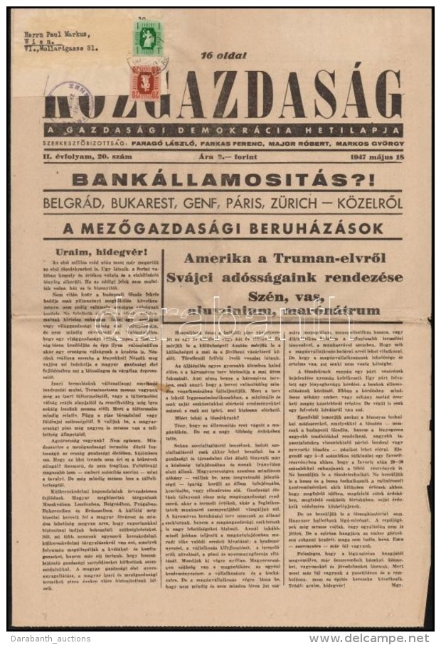 1947 Közgazdaság újság Bécsbe Küldve 1,20Ft... - Otros & Sin Clasificación