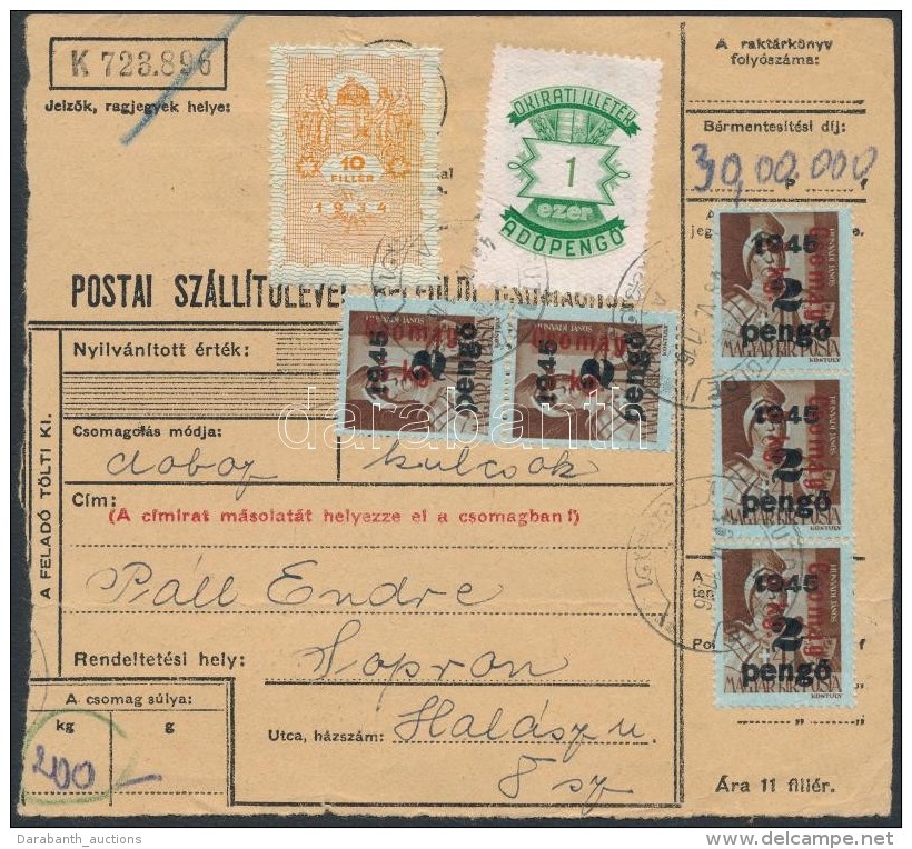 1946 (15. Díjszabás) Postai Szállítólevél 5 X 5 Kg-os... - Autres & Non Classés