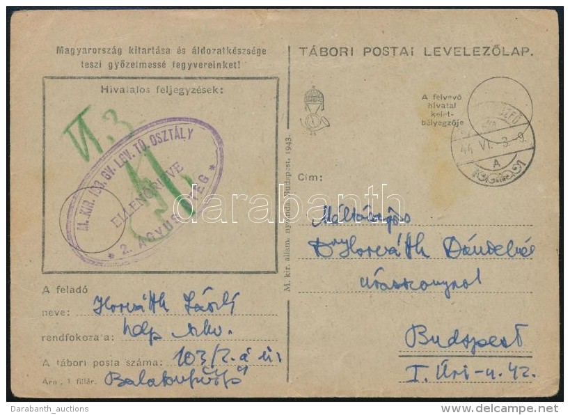 1944 Tábori Posta LevelezÅ‘lap / Field Postcard 'M.KIR. 103. GV. LGV. TÜ. OSZTÁLY 2.... - Otros & Sin Clasificación