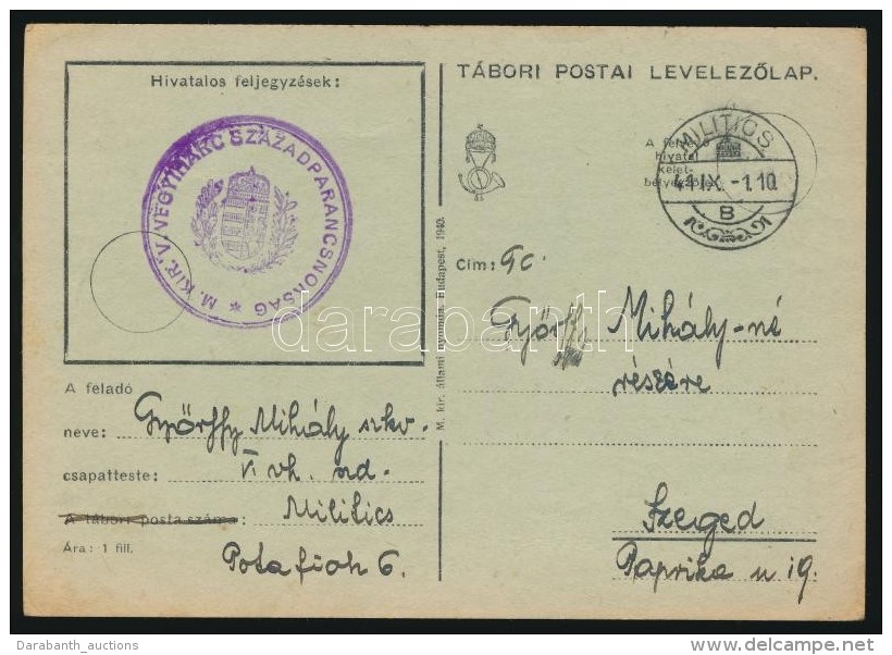 1941 Tábori Posta LevelezÅ‘lap / Field Post Card 'M.KIR. V. VEGYIHARC SZÁZADPARANCSNOKSÁG' +... - Otros & Sin Clasificación