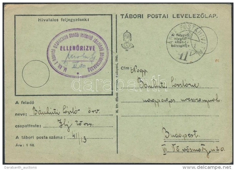 1941 Tábori Posta LevelezÅ‘lap / Field Postcard 'M.kir. 1. Honvéd Gépkocsizó... - Otros & Sin Clasificación