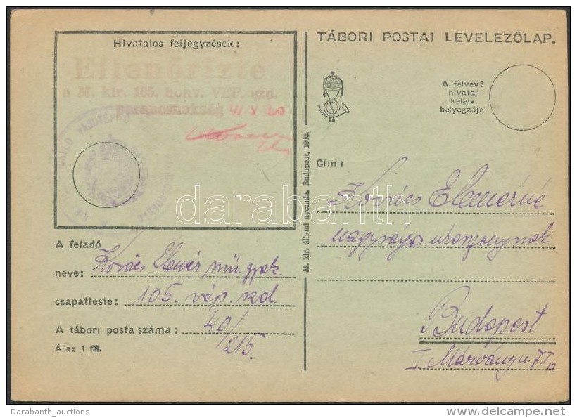 1941 Tábori Posta LevelezÅ‘lap / Field Postcard 'M.kir. 105. Honv. VÉP. Szd. Parancsnokság' - Otros & Sin Clasificación