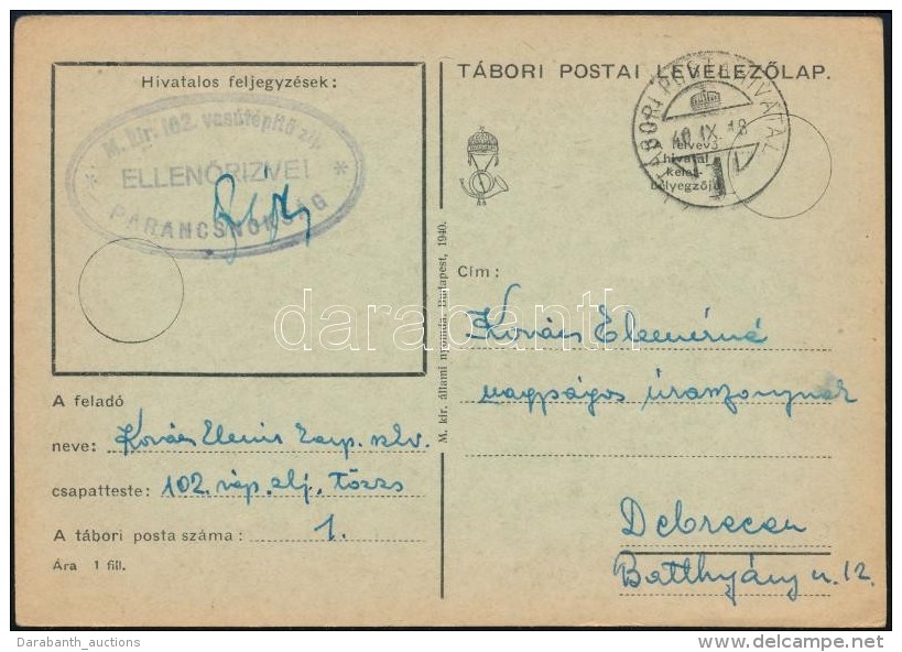 1940 Tábori Posta LevelezÅ‘lap / Field Postcard 'M.kir. 102. VasútépítÅ‘ Zlj' - Otros & Sin Clasificación