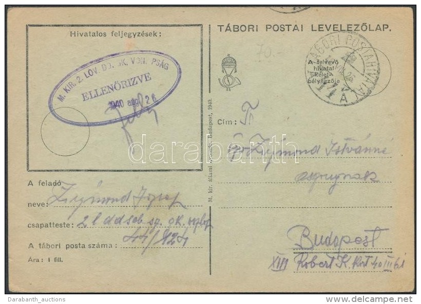 1940 Tábori Posta LevelezÅ‘lap / Field Postcard 'M.KIR. 2. LOV. DD. GK. VON. PSÁG.' + 'TP 44 A - Otros & Sin Clasificación