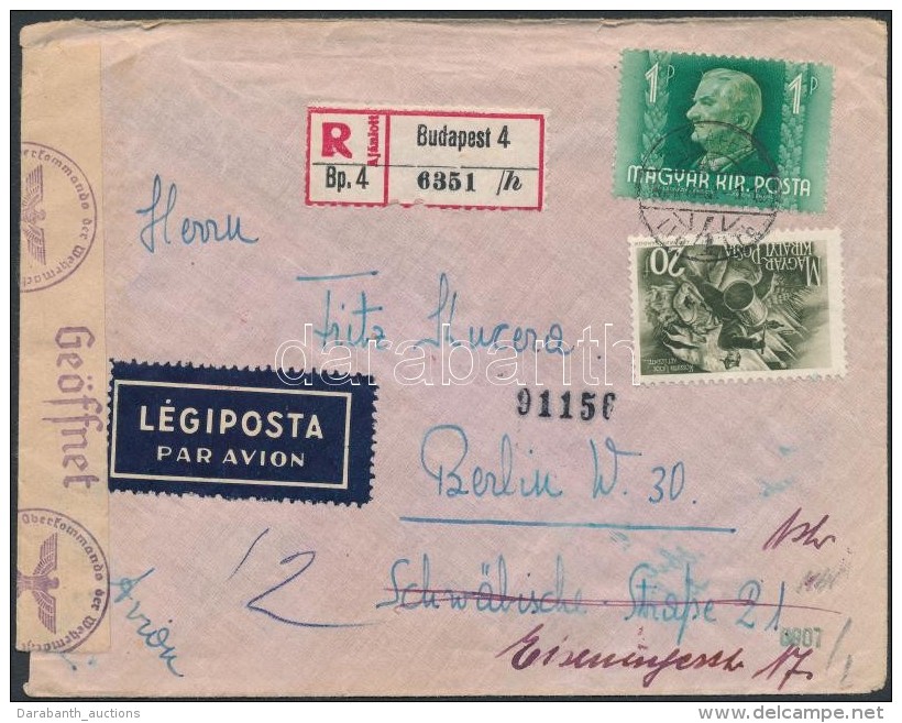 1944 Ajánlott Légi Levél 1,20P Bérmentesítéssel, Cenzúrázva... - Otros & Sin Clasificación