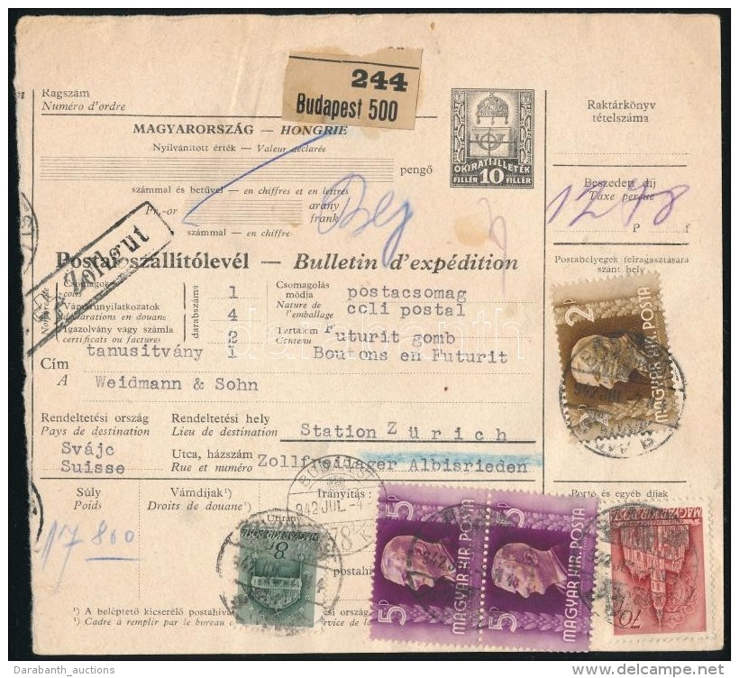 1942 Nemzetközi Szállítólevél 12,78P Bérmentesítéssel, Horthy... - Otros & Sin Clasificación