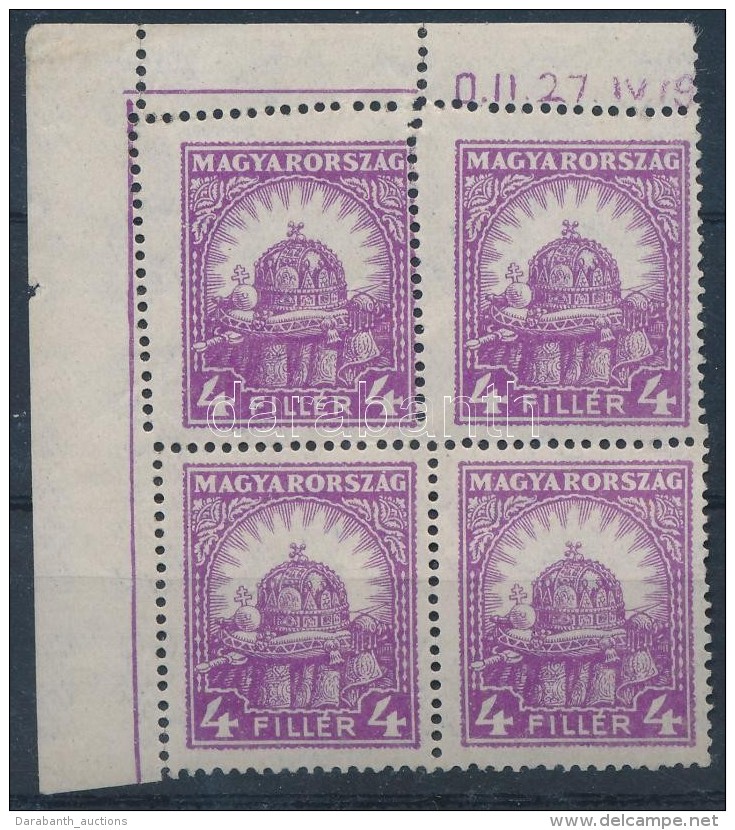 ** 1926 PengÅ‘-fillér 4f ívsarki Négyestömb Elfogazva / Mi 414 Corner Block Of 4 With... - Otros & Sin Clasificación