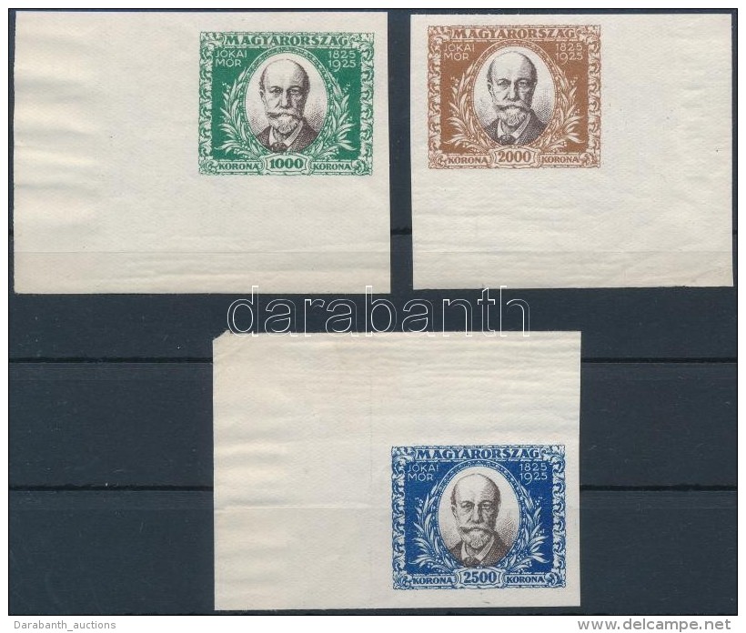 ** 1925 Jókai Mór (I.) ívsarki Vágott Sor / Mi 398-400 Imperforate Corner Set - Otros & Sin Clasificación