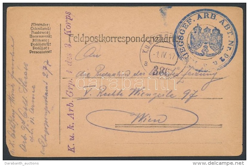 1917 Tábori Posta LevelezÅ‘lap / Field Postcard 'KRIEGSGEF. ARB. ABT. Nr.92 A' + 'FP 386 A' - Otros & Sin Clasificación