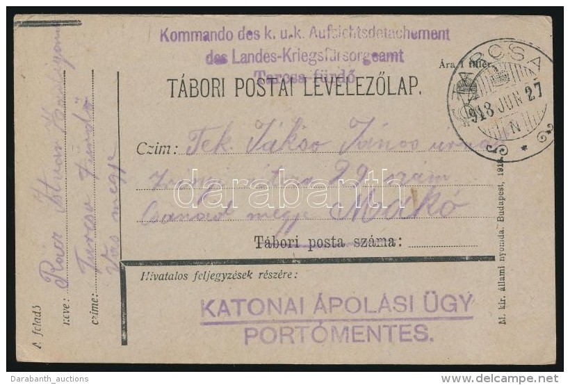 1918 Tábori Posta LevelezÅ‘lap / Field Post Cover 'Kommando Des K.u.k. Aufsichtsdetachement Des... - Otros & Sin Clasificación