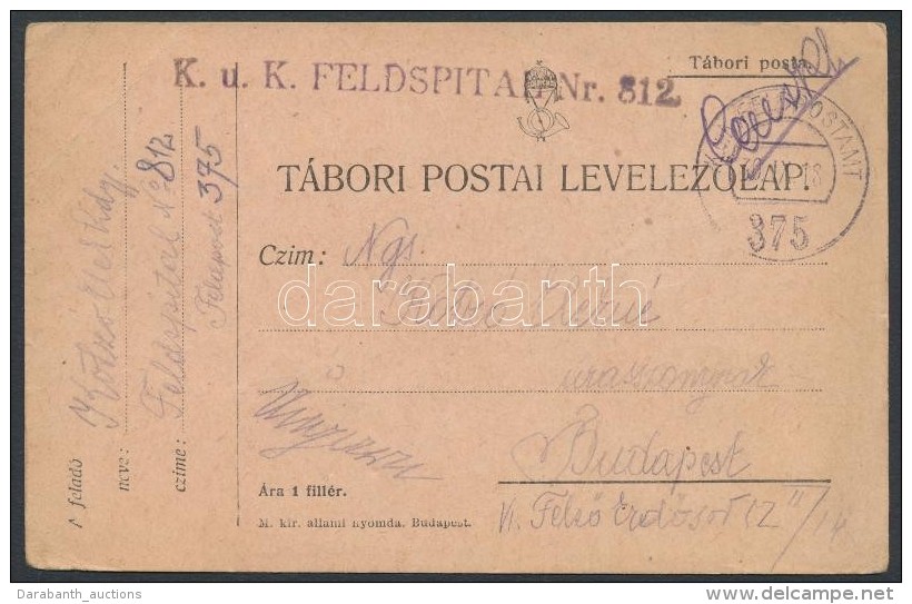 1918 Tábori Posta LevelezÅ‘lap / Field Postcard 'K.u.k. FELDSPITAL Nr.812.' + 'FP 375' - Otros & Sin Clasificación